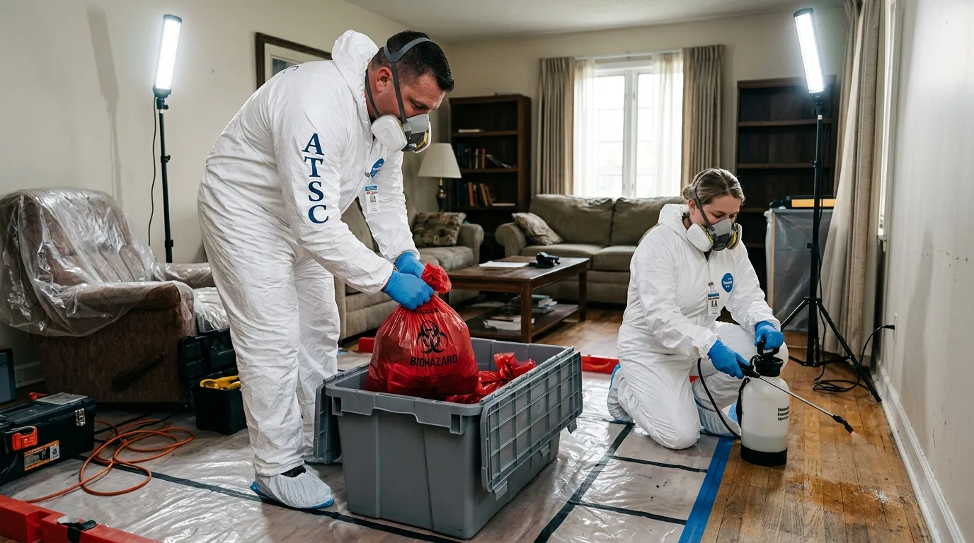 Professional Unattended Death Cleanup technician in full PPE working in Barnhart
